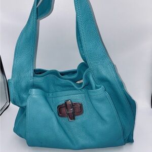 B. Makowsky Leather Hobo Bag In A Turquoise Blue Color Silver Hardware Pockets